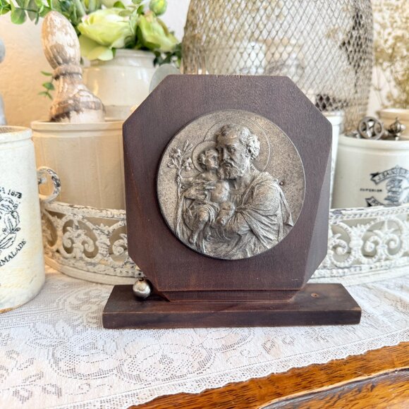 1920s Antique Religious Metal and Wood Saint Joeseph and Child Jesus - Picture 3 of 10